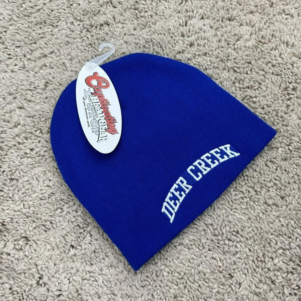 Deer Creek Antlers Beanie Royal Blue Arched White Spellout Cuffless Knit Cap NWT
